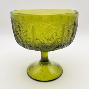 Vintage FTD Green Glass Compote Oak Leaf Pattern 1970s Footed Vase Bowl